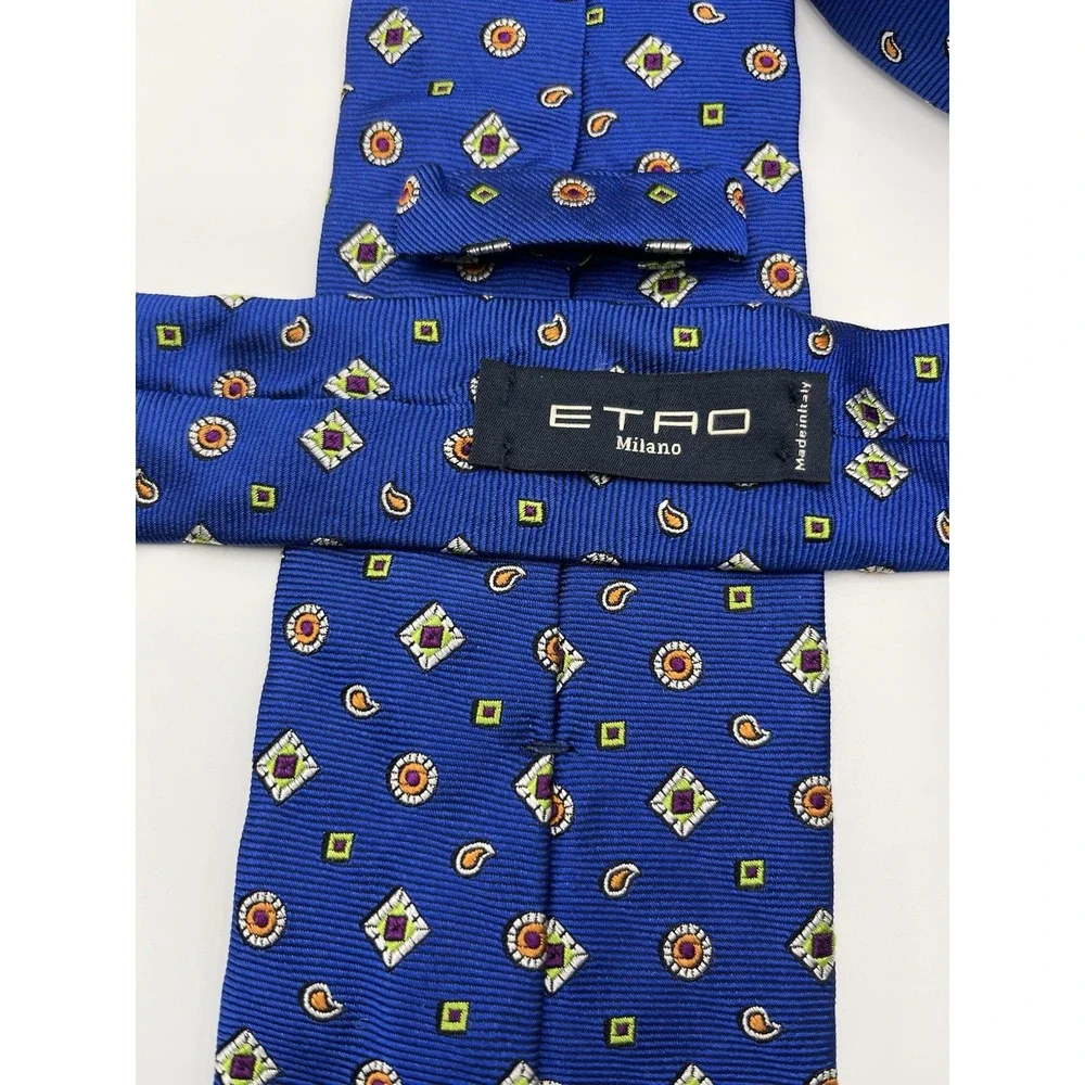 ETRO Men's 100% Silk Necktie ITALY Designer Geometric Blue EUC